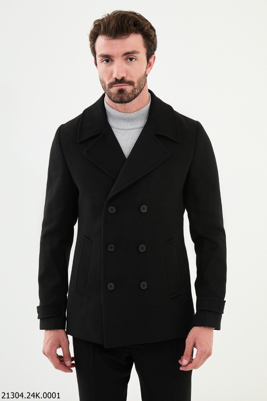 Sleek Black Double - Breasted Pea coat - SUITHARBOR