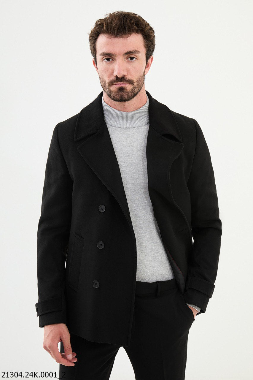 Sleek Black Double - Breasted Pea coat - SUITHARBOR