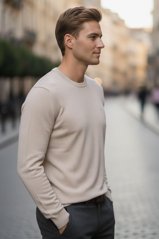 Slim - fit Classic Crew Neck Sweater in Beige - SUITHARBOR