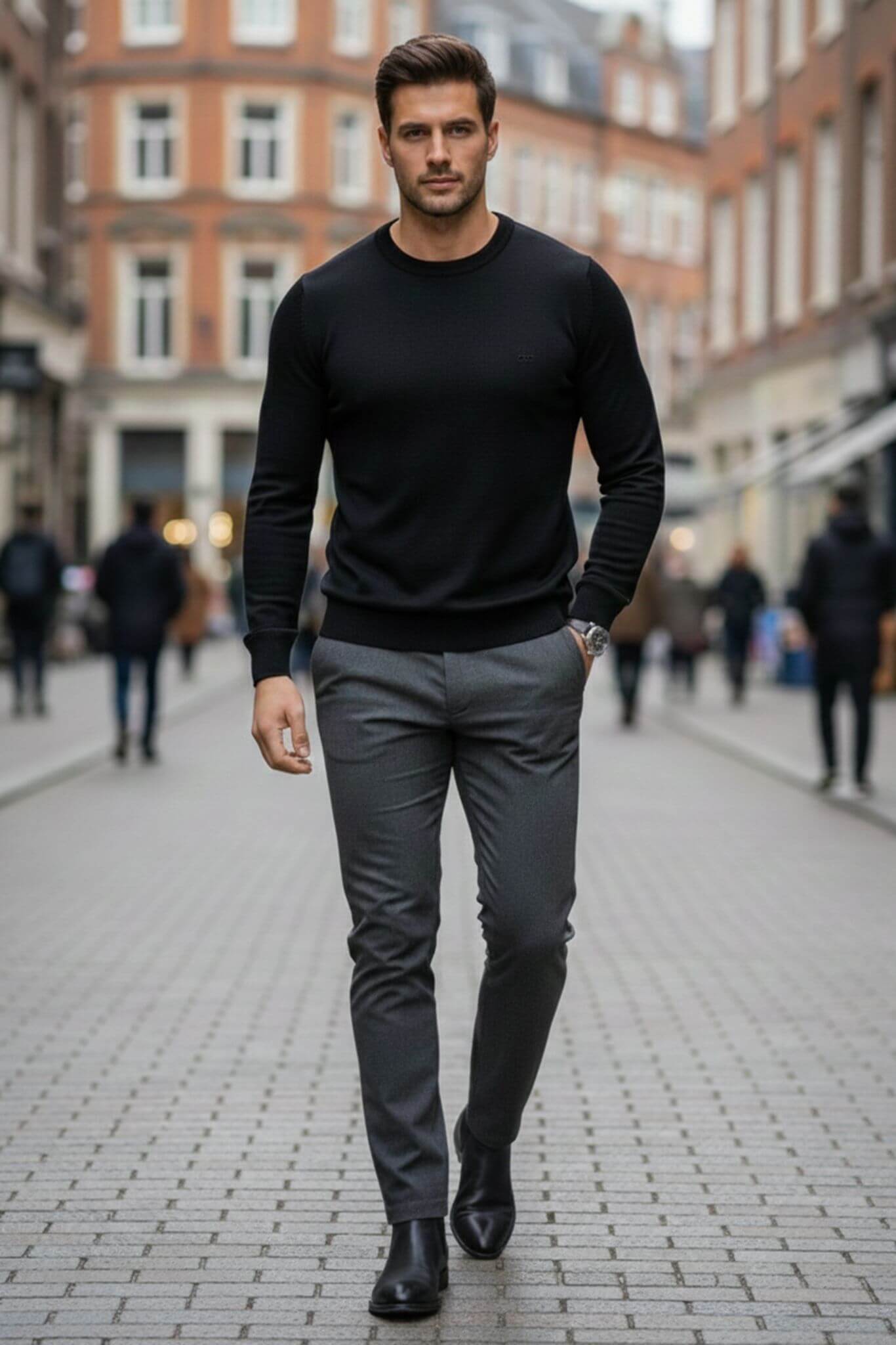 Slim - fit Classic Crew Neck Sweater in Black - SUITHARBOR