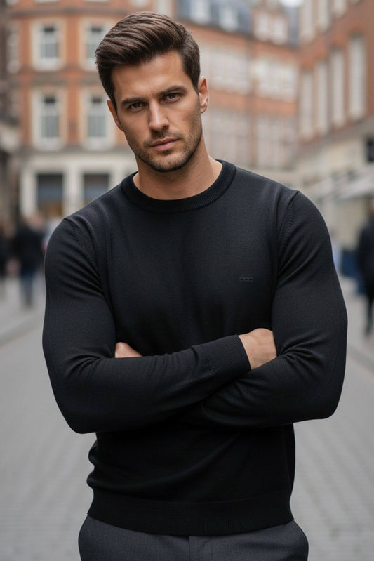 Slim - fit Classic Crew Neck Sweater in Black - SUITHARBOR