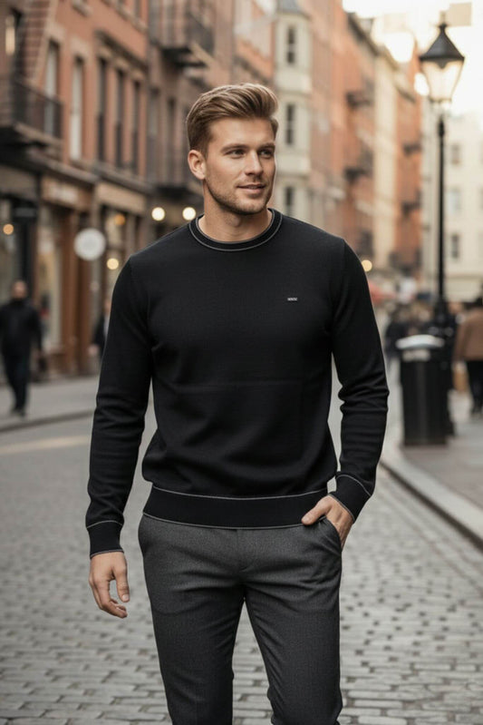 Slim - fit Crew Neck Sweater with Contrast Piping in Black - SUITHARBOR