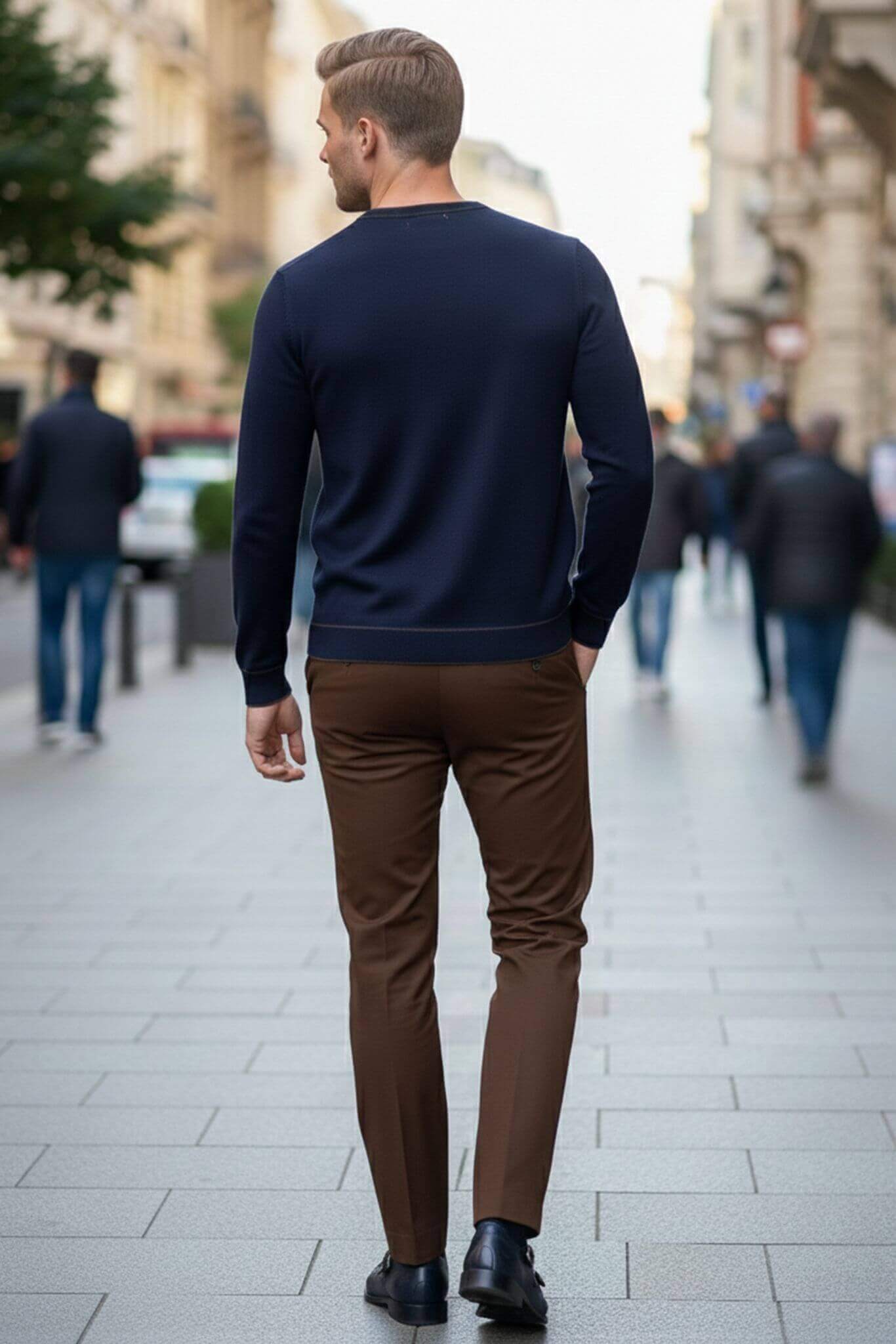 Slim - fit Crew Neck Sweater with Contrast Piping in Navy Blue - SUITHARBOR