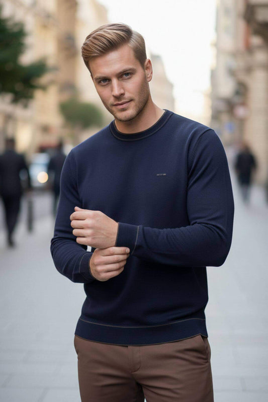 Slim - fit Crew Neck Sweater with Contrast Piping in Navy Blue - SUITHARBOR