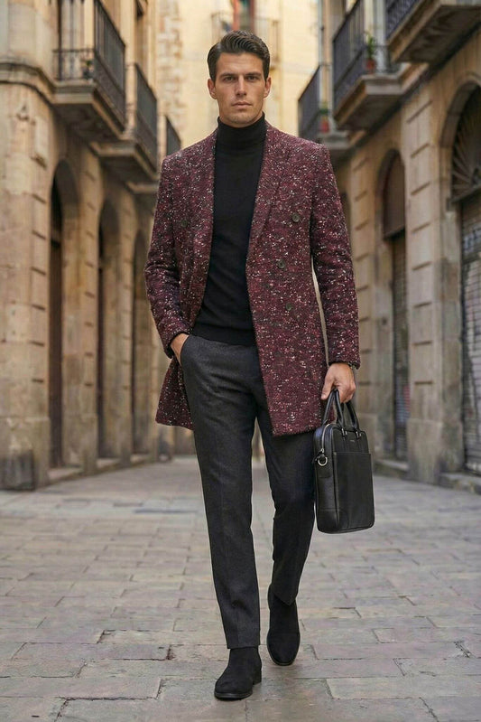 Slim - fit Double - Breasted Flecked Overcoat in Claret - red - SUITHARBOR
