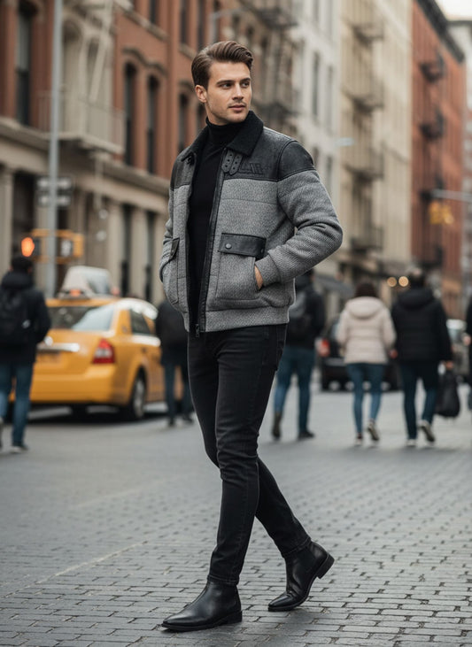 Slim - fit Faux Fur Collar Bomber Jacket in Gray - SUITHARBOR