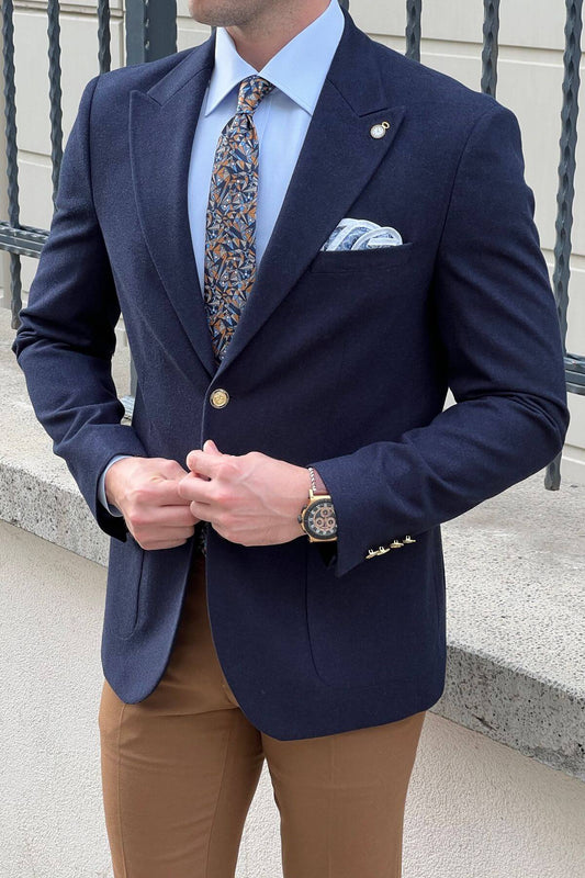 Navy slim fit gold-button wool-blend blazer product image 4