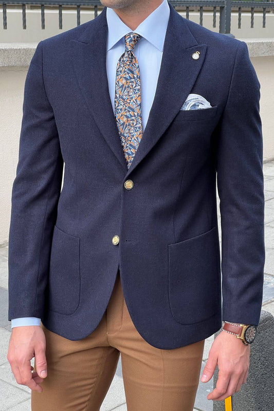 Slim - fit Gold - Buttoned Wool Blend Blazer in Navy Blue - SUITHARBOR