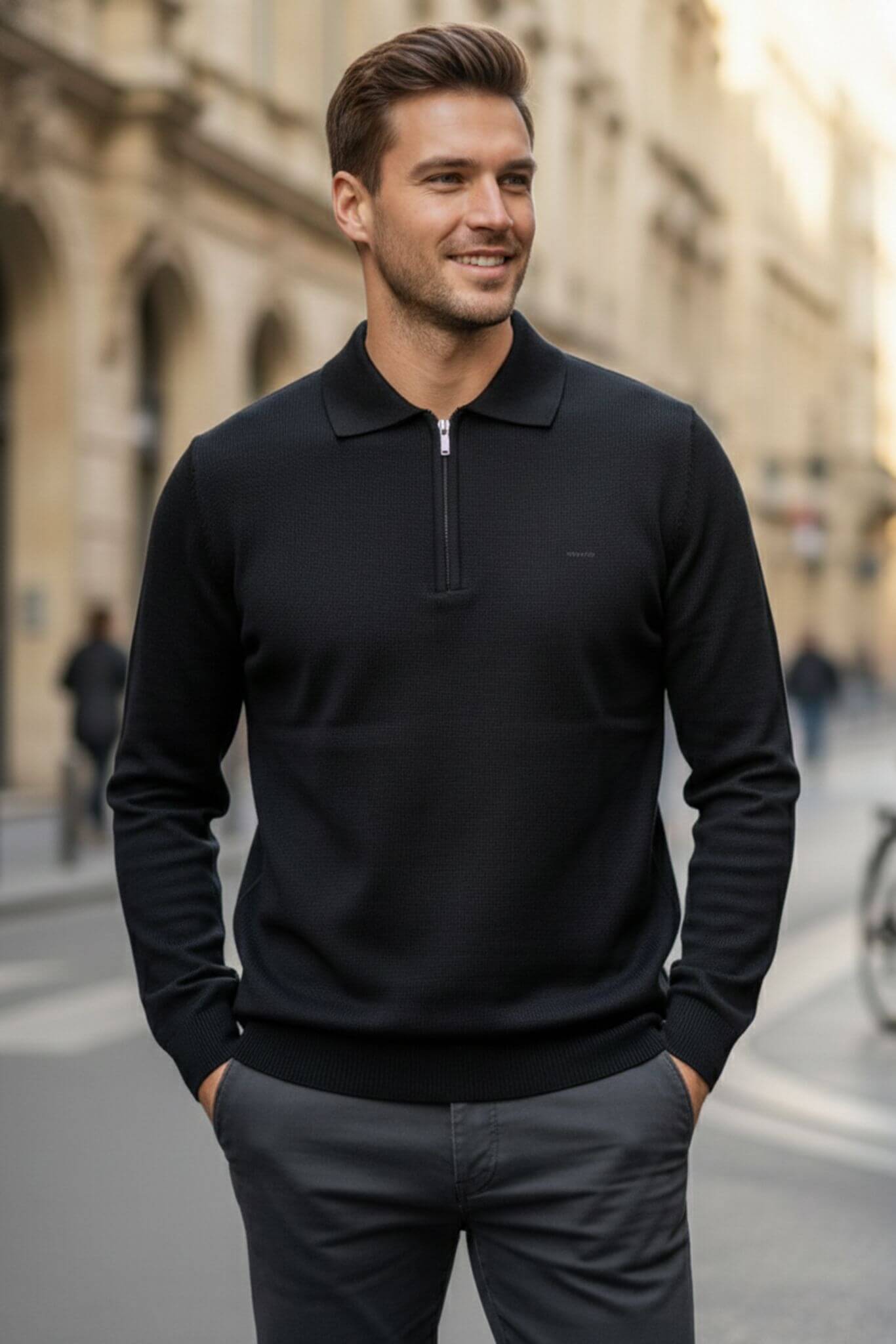 Slim - fit Knitted Quarter - Zip Polo Sweater in Black - SUITHARBOR
