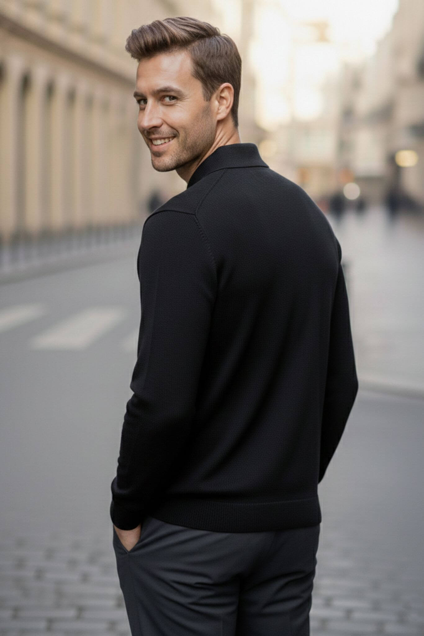 Slim - fit Knitted Quarter - Zip Polo Sweater in Black - SUITHARBOR