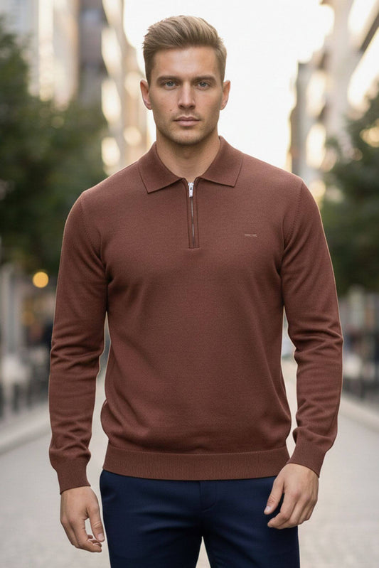Slim - fit Knitted Quarter - Zip Polo Sweater in Tile - SUITHARBOR