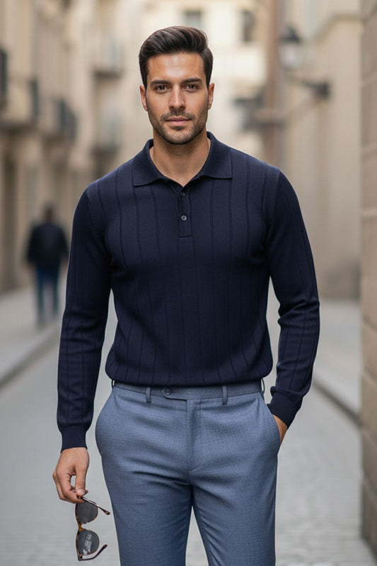 Slim - fit Ribbed Knitted Polo Sweater in Navy Blue - SUITHARBOR