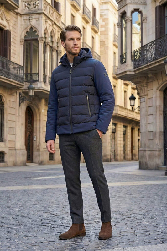 Slim - fit Technical Puffer Jacket with Removable Hood in Navy Blue - SUITHARBOR