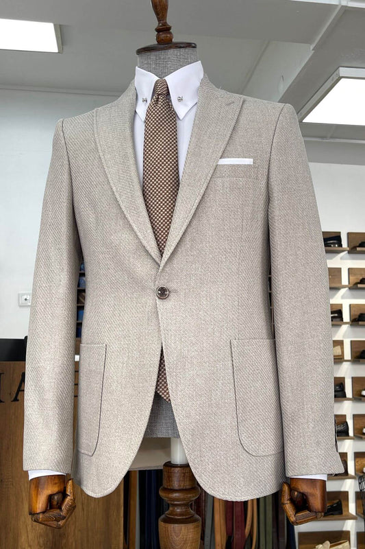 Slim - fit Wool Blend Self - Patterned Blazer in Beige - SUITHARBOR