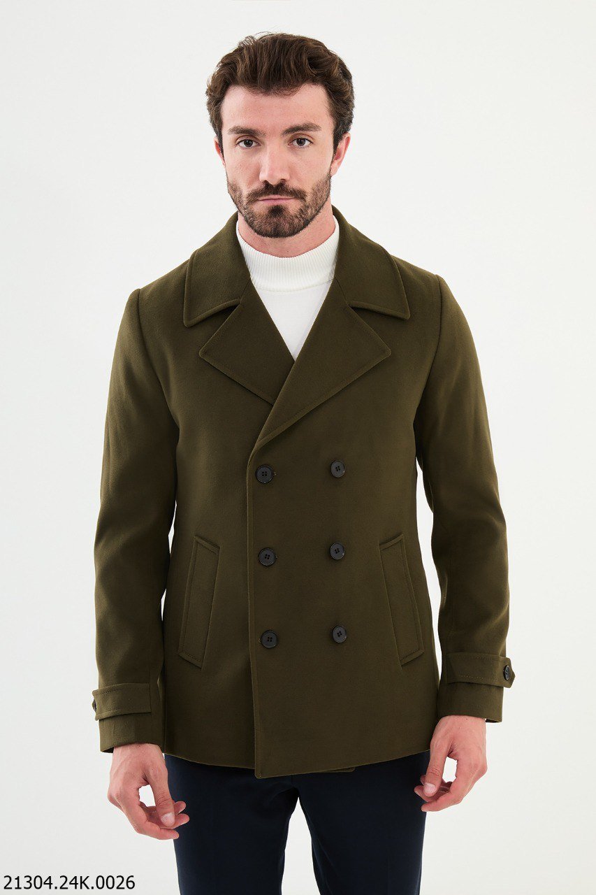 Stylish Olive Green Double - Breasted Pea coat - SUITHARBOR