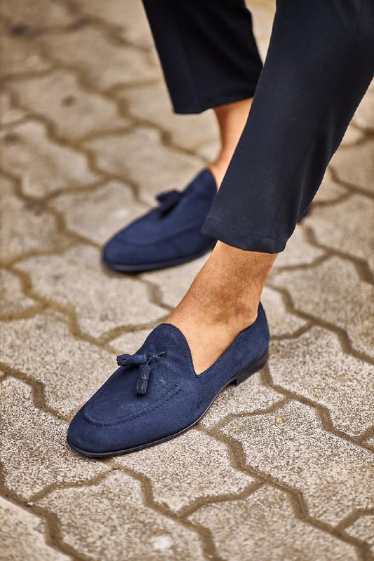 Suede Navy Tassel Harbor Loafers