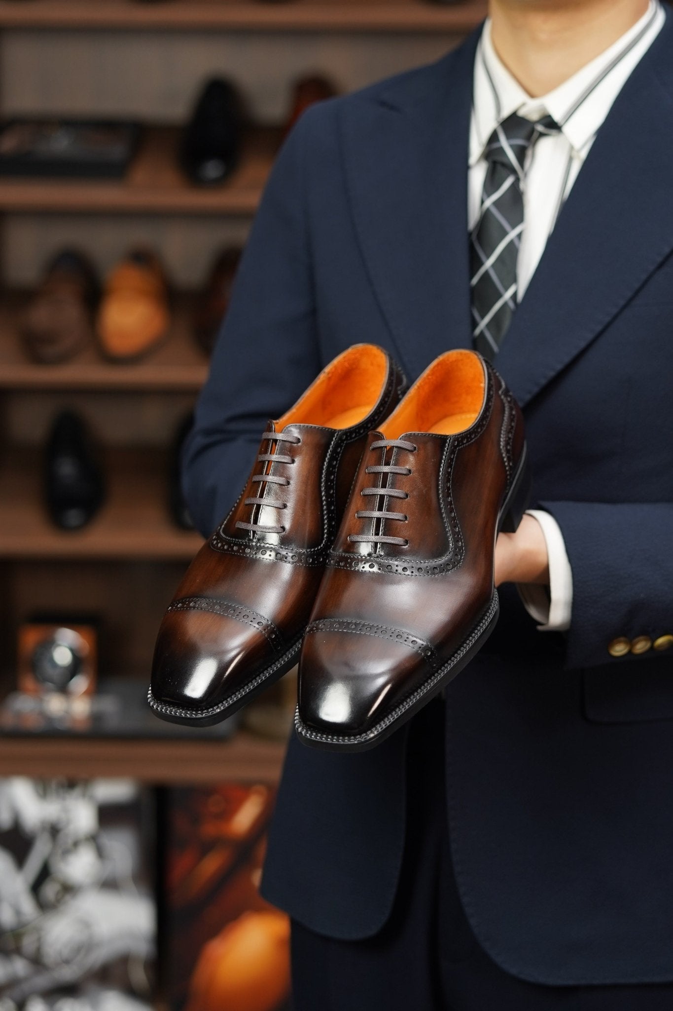 SuitHarbor Blake - Stitched Brown Wingtip Oxford - SUITHARBOR
