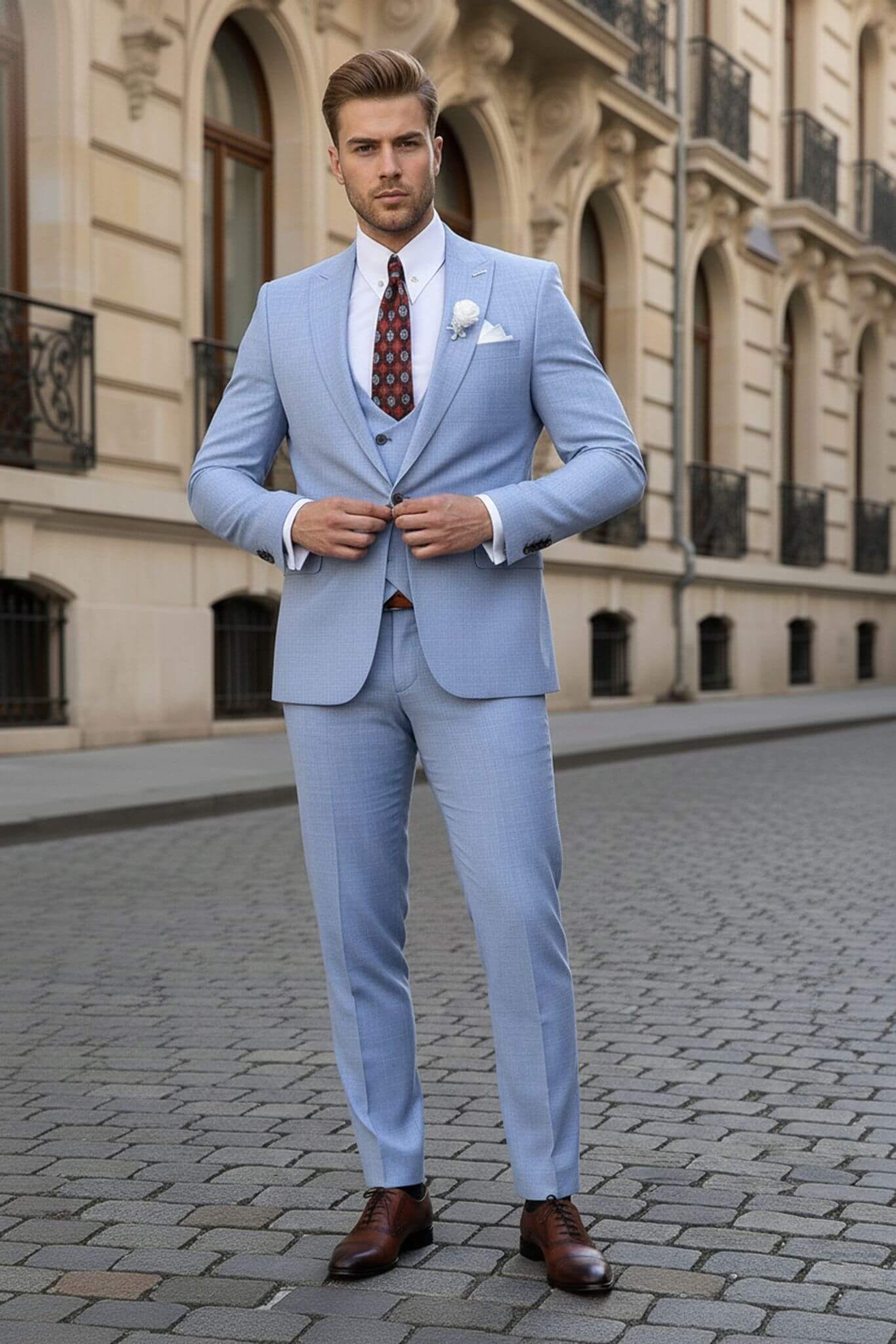 SuitHarbor Heritage Sky Blue Slim - Fit 3 - Piece Wool Suit - SUITHARBOR