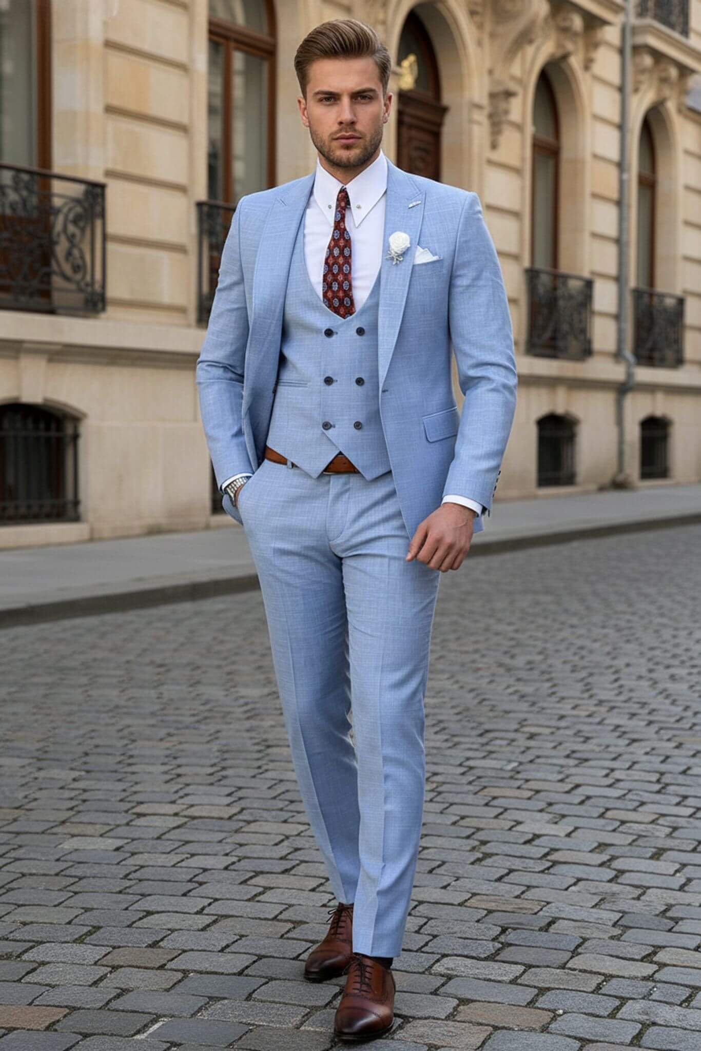 SuitHarbor Heritage Sky Blue Slim - Fit 3 - Piece Wool Suit - SUITHARBOR