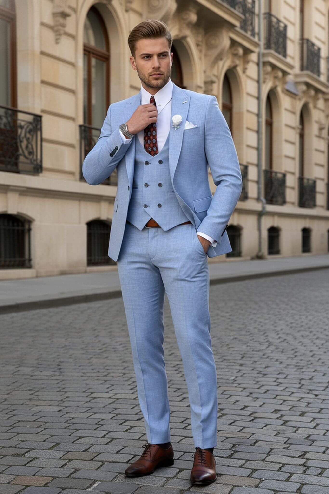 SuitHarbor Heritage Sky Blue Slim - Fit 3 - Piece Wool Suit - SUITHARBOR