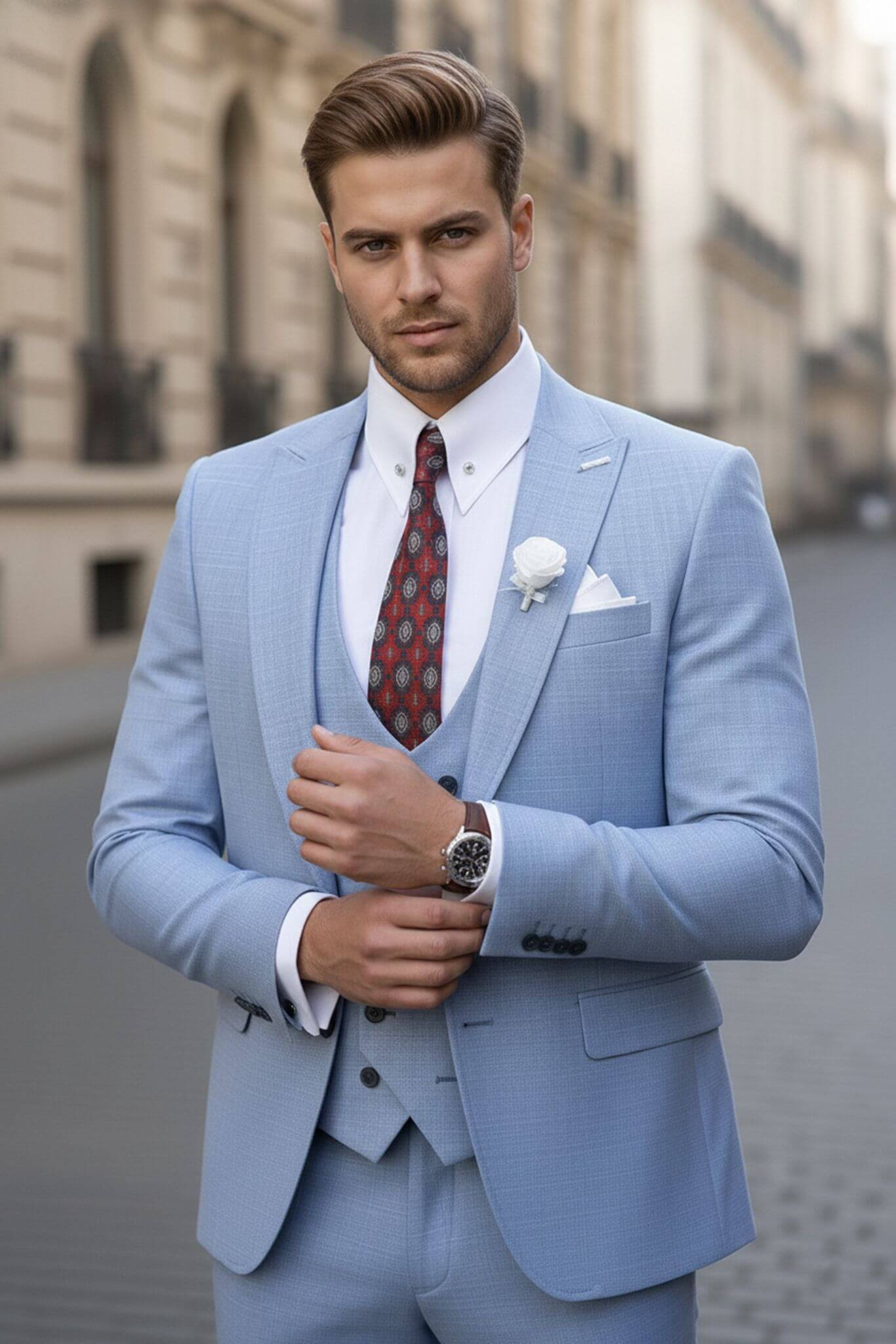 SuitHarbor Heritage Sky Blue Slim - Fit 3 - Piece Wool Suit - SUITHARBOR