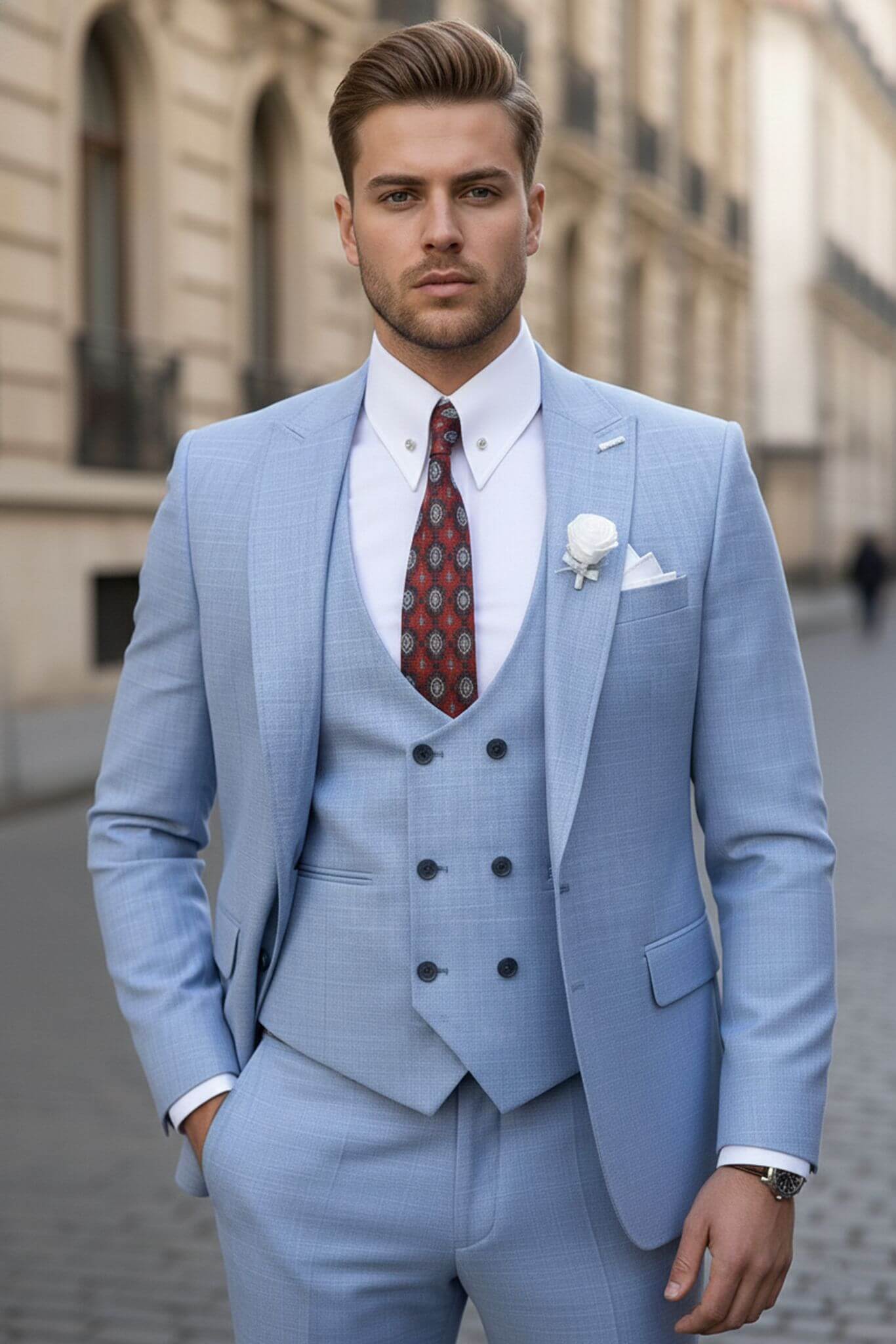 SuitHarbor Heritage Sky Blue Slim - Fit 3 - Piece Wool Suit - SUITHARBOR