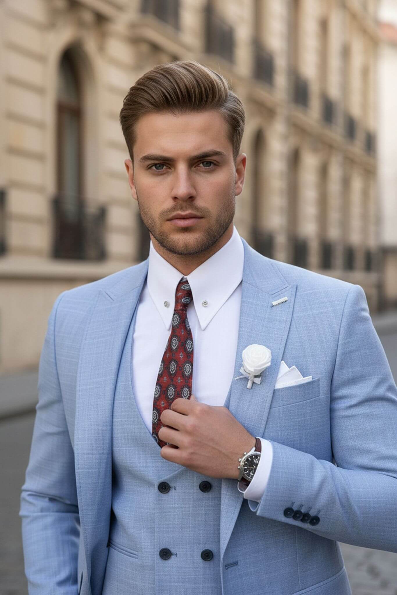 SuitHarbor Heritage Sky Blue Slim - Fit 3 - Piece Wool Suit - SUITHARBOR