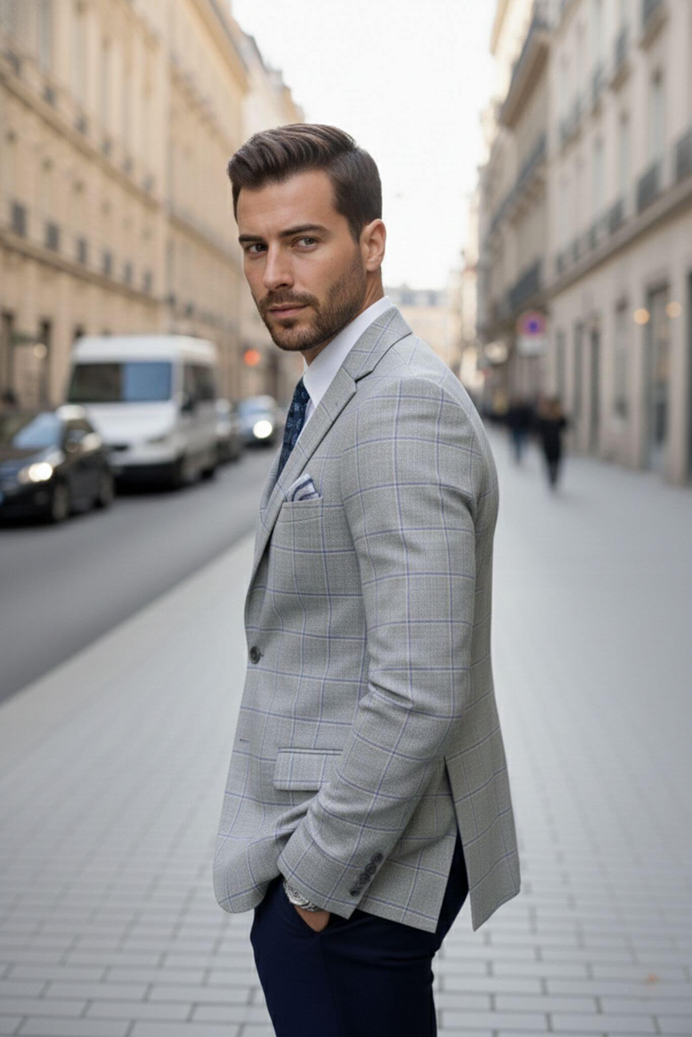 Gray slim fit windowpane wool-blend blazer product image 3