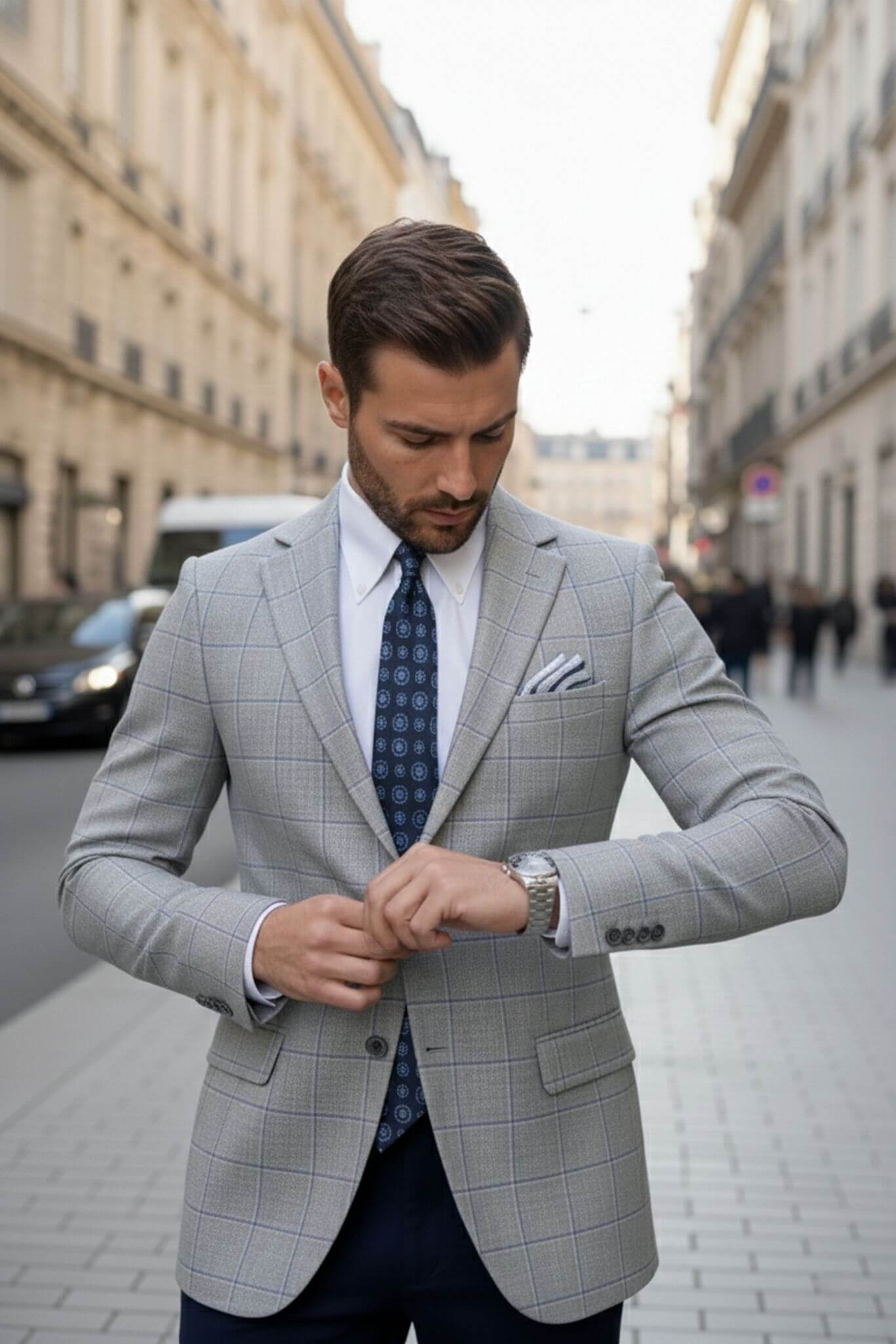 Gray slim fit windowpane wool-blend blazer product image 5