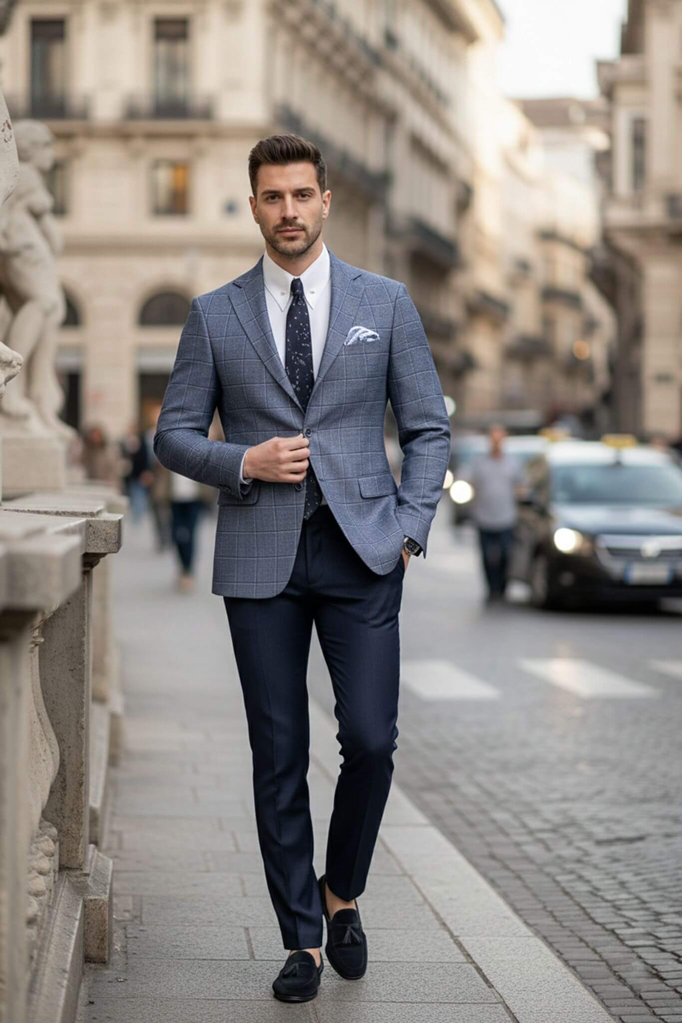SuitHarbor Navy Blue Slim - Fit Wool Windowpane Blazer - SUITHARBOR