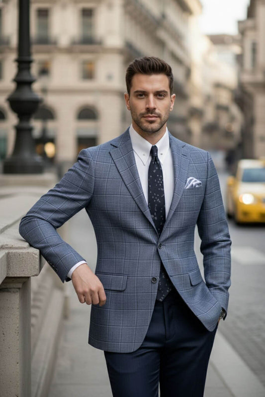 SuitHarbor Navy Blue Slim - Fit Wool Windowpane Blazer - SUITHARBOR