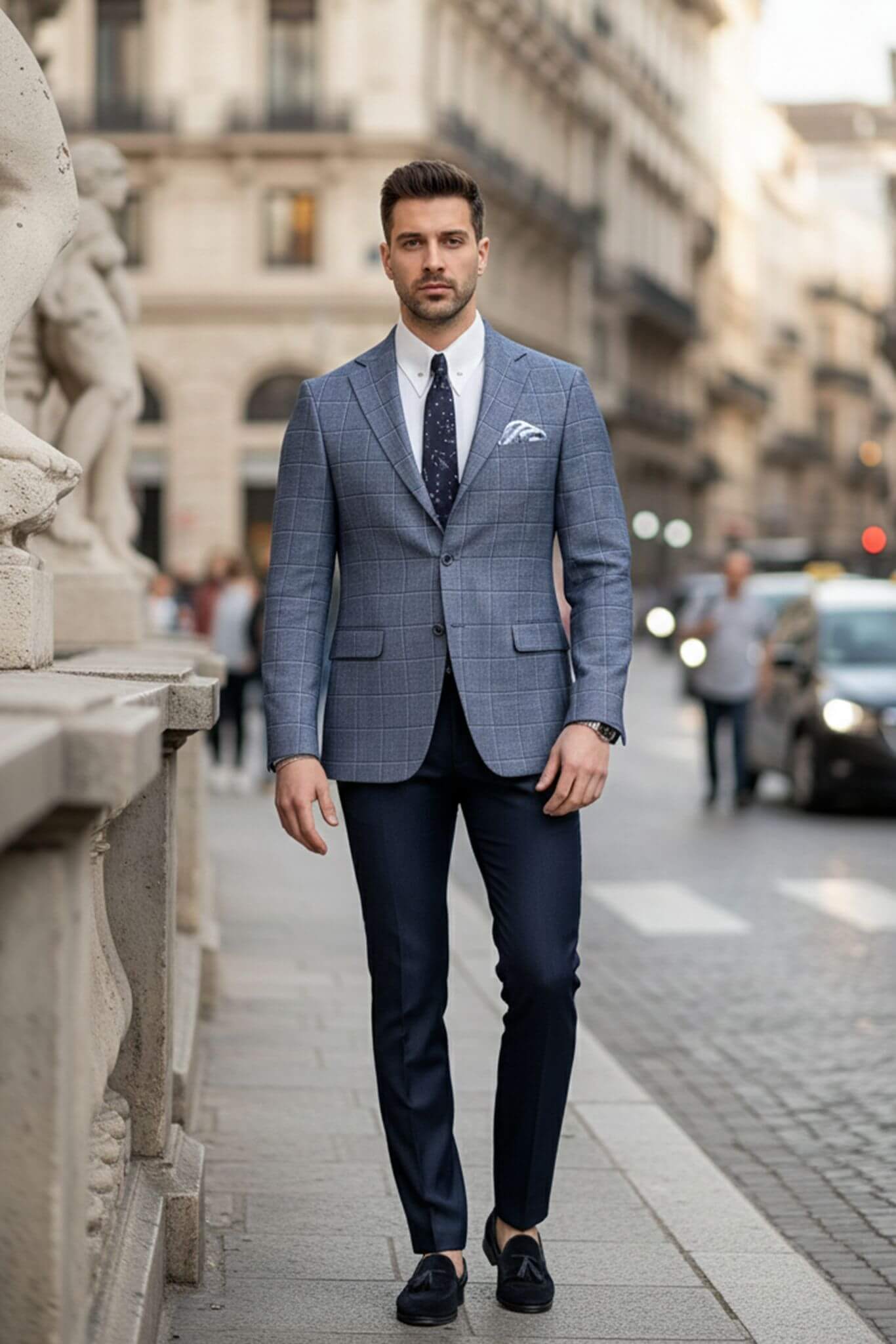 SuitHarbor Navy Blue Slim - Fit Wool Windowpane Blazer - SUITHARBOR