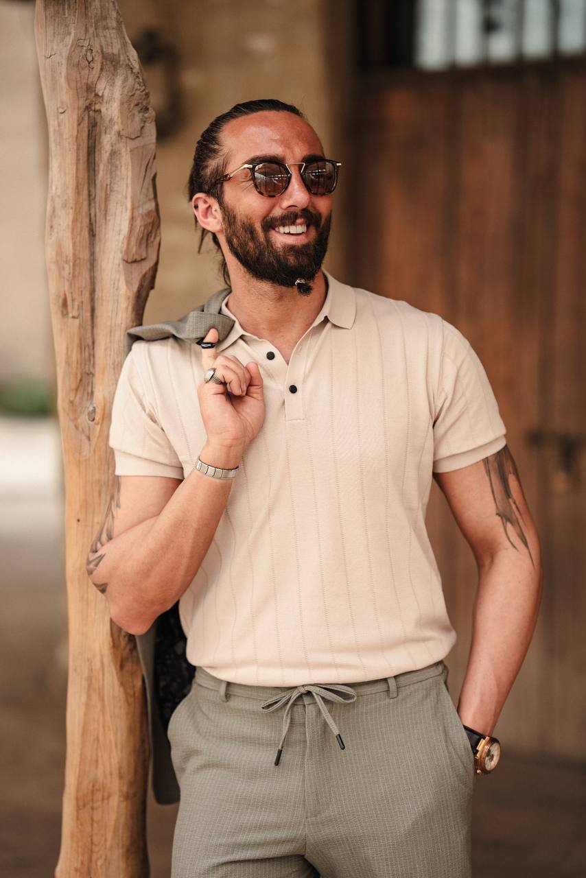 SUITHARBOR™ Premium Beige Knit Polo T-Shirt - SUITHARBOR