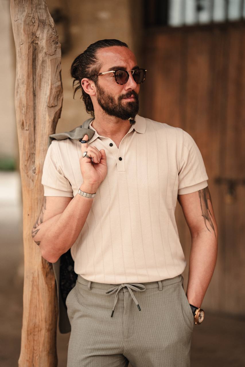 SUITHARBOR™ Premium Beige Knit Polo T-Shirt - SUITHARBOR