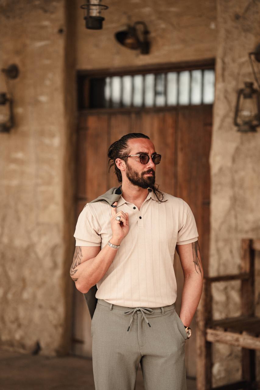 SUITHARBOR™ Premium Beige Knit Polo T-Shirt - SUITHARBOR