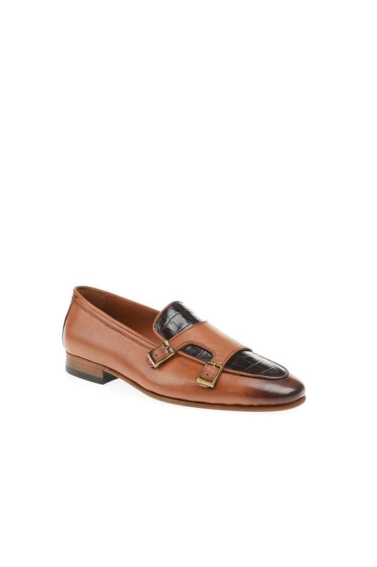Tan Leather Double Monk Strap Loafers with Toe Cap - SUITHARBOR