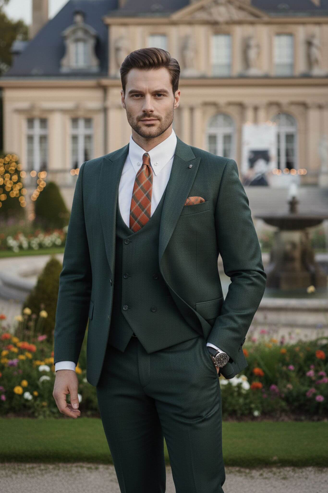 The Forest Green Men’s Slim - Fit 3 - Piece Wool Wedding Suit - SUITHARBOR