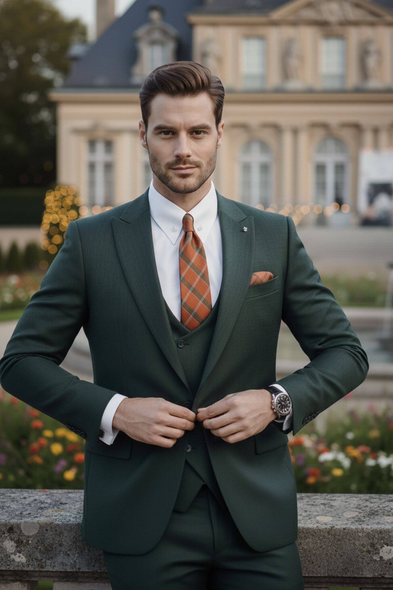 The Forest Green Men’s Slim - Fit 3 - Piece Wool Wedding Suit - SUITHARBOR