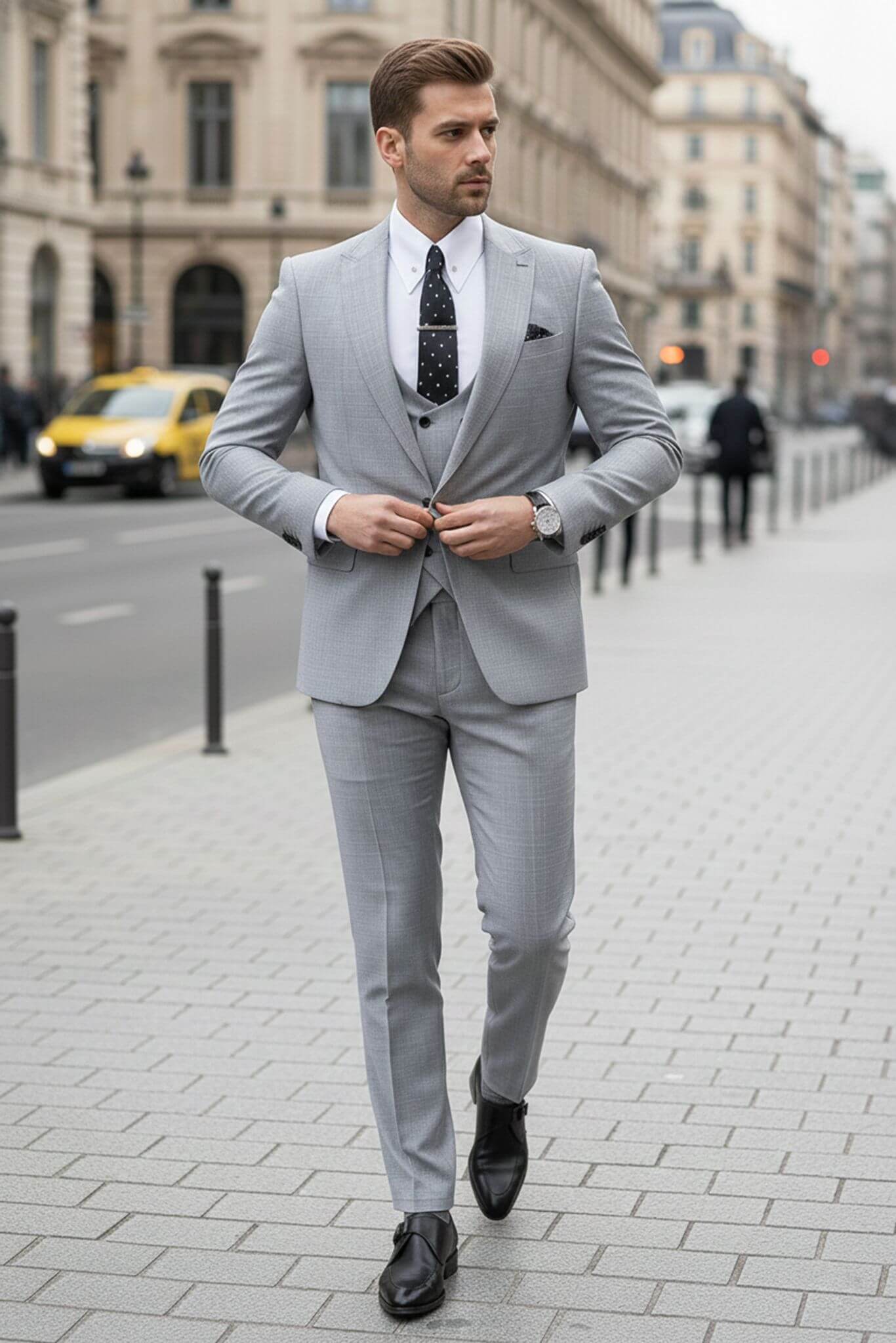 The Heritage Slim - Fit Peak Lapel Three - Piece Suit in Light Gray - SUITHARBOR