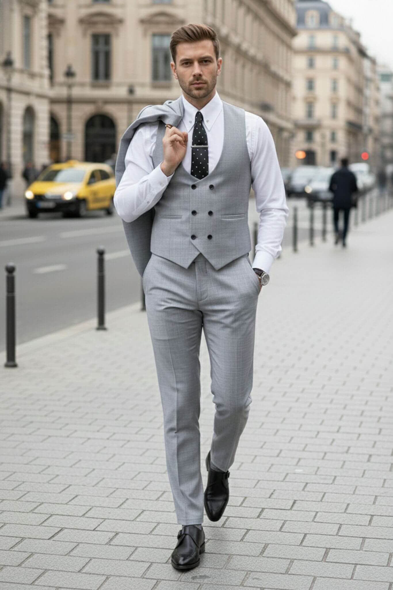 The Heritage Slim - Fit Peak Lapel Three - Piece Suit in Light Gray - SUITHARBOR