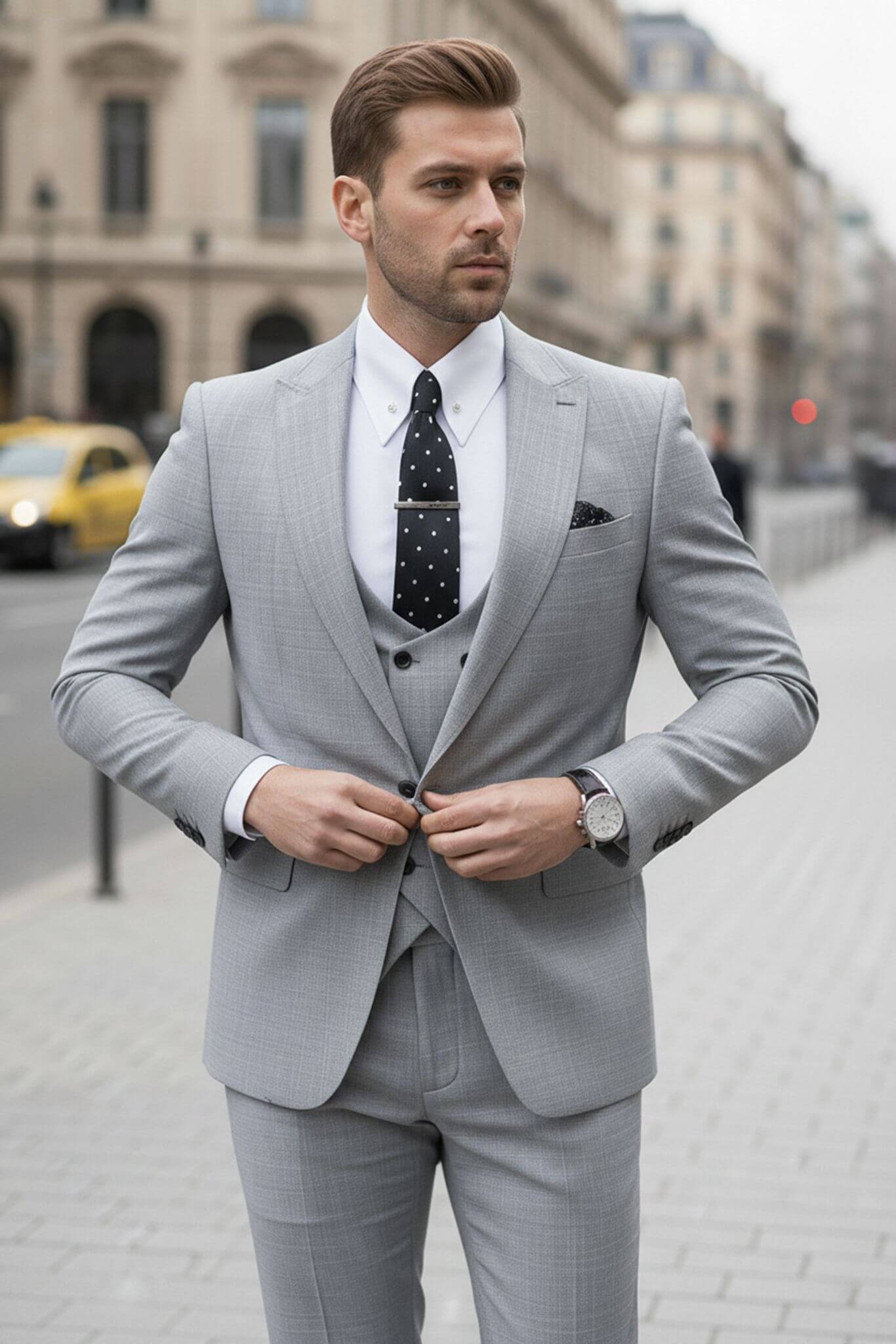 The Heritage Slim - Fit Peak Lapel Three - Piece Suit in Light Gray - SUITHARBOR