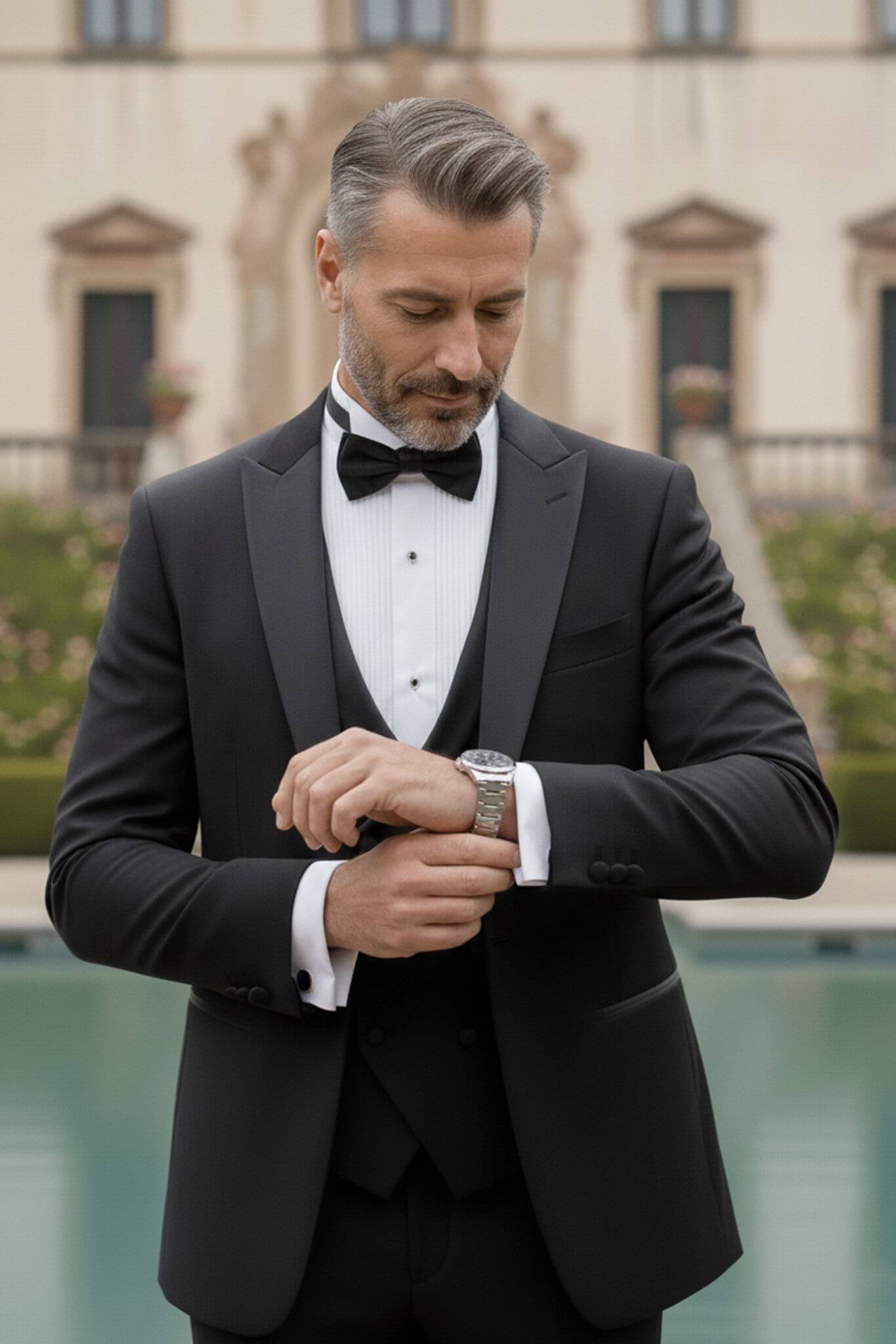The Sovereign Black Slim - Fit 3 - Piece Groom Suit with Double - Breasted Vest - SUITHARBOR