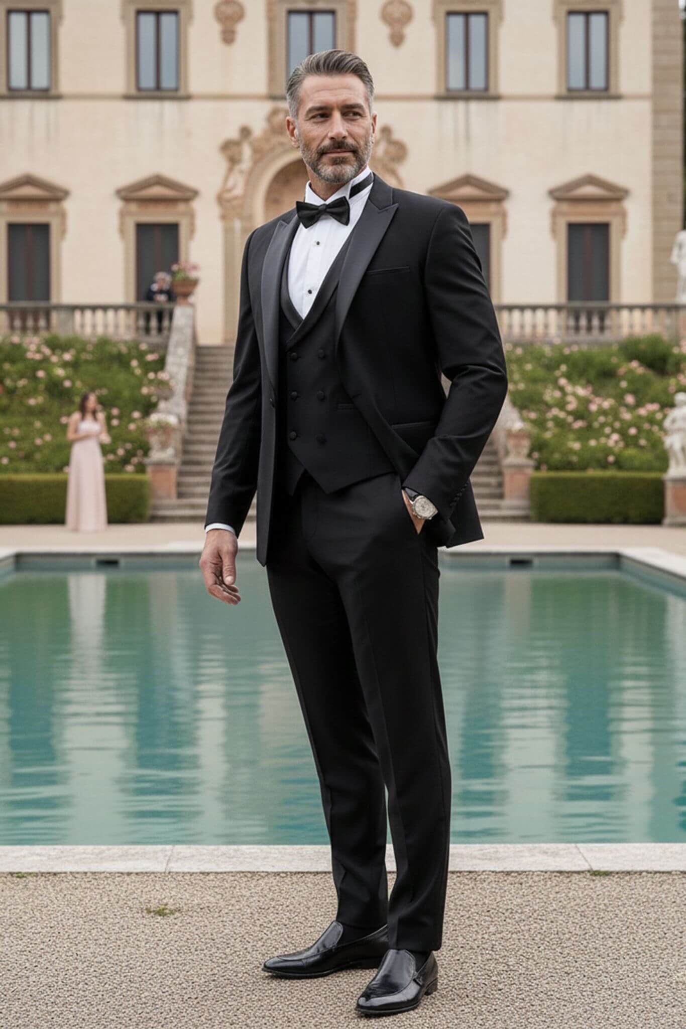The Sovereign Black Slim - Fit 3 - Piece Groom Suit with Double - Breasted Vest - SUITHARBOR
