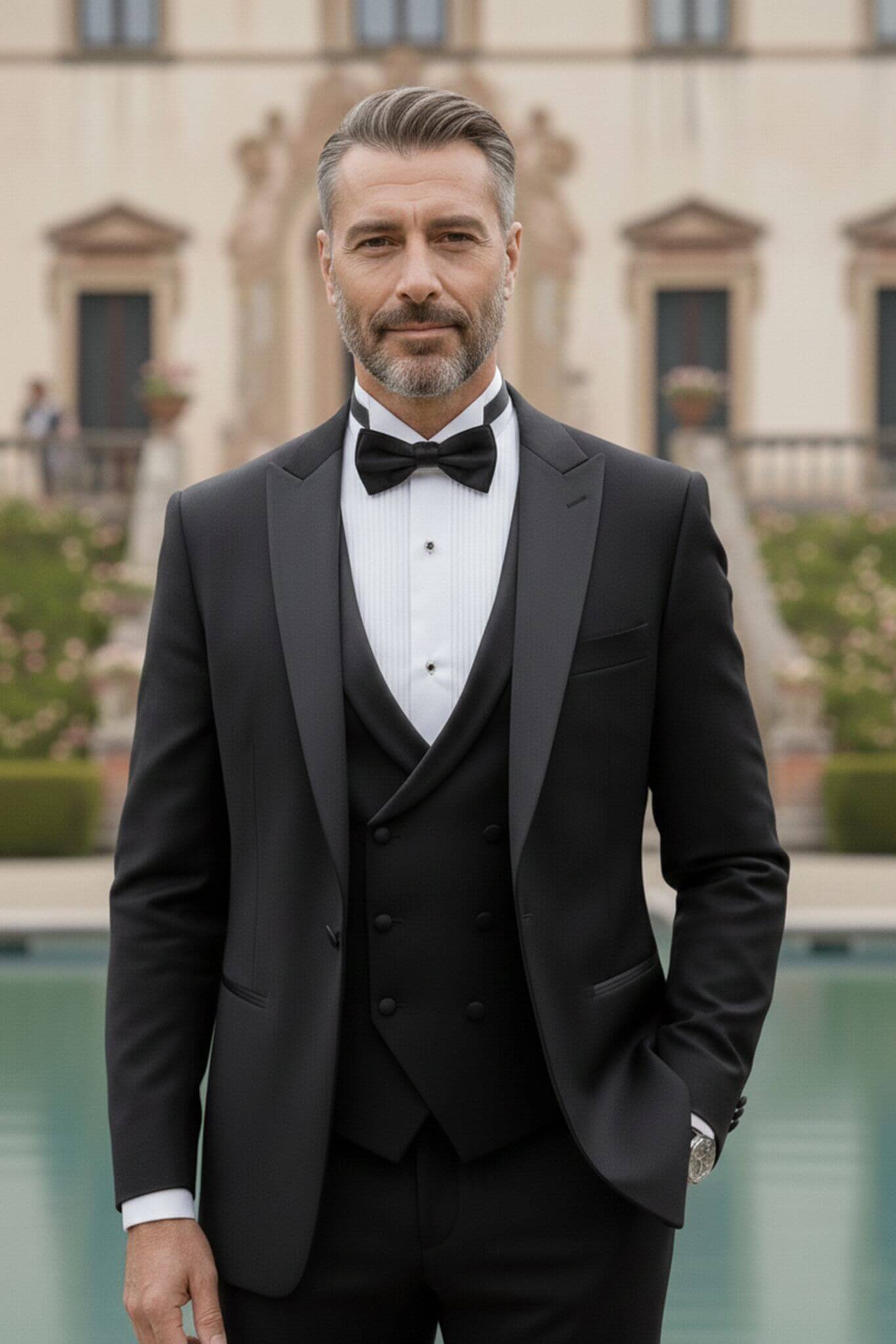 The Sovereign Black Slim - Fit 3 - Piece Groom Suit with Double - Breasted Vest - SUITHARBOR