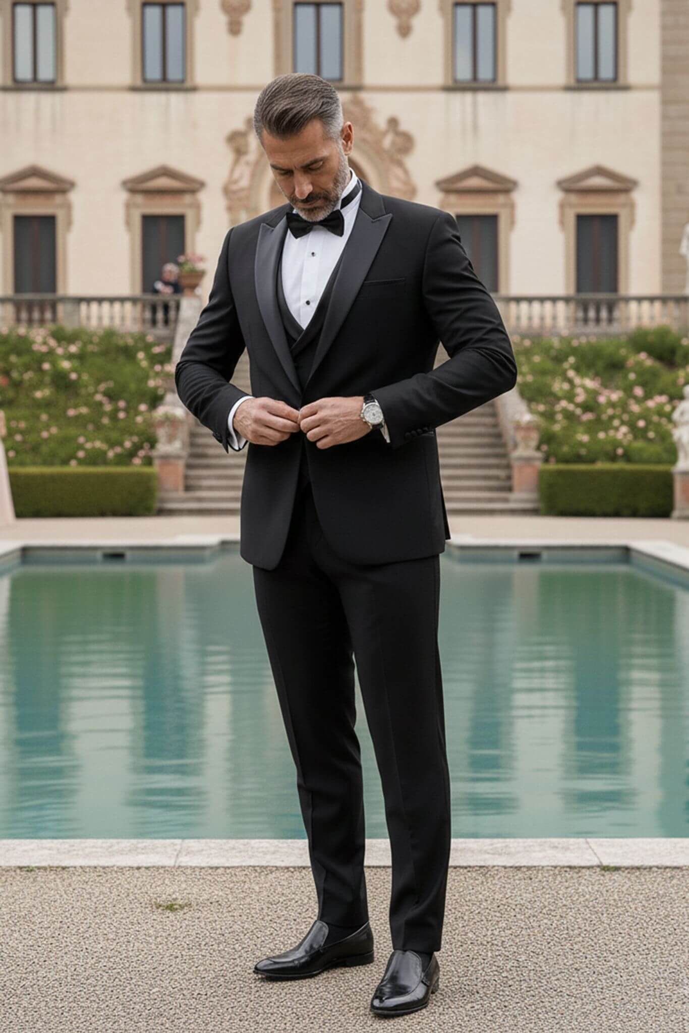 The Sovereign Black Slim - Fit 3 - Piece Groom Suit with Double - Breasted Vest - SUITHARBOR