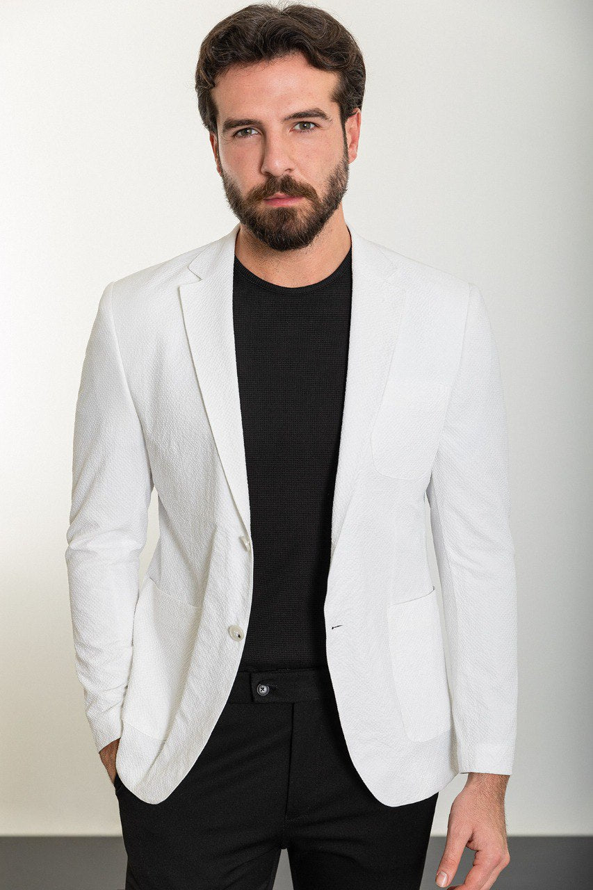 Arctic White Seersucker Slim Fit Blazer