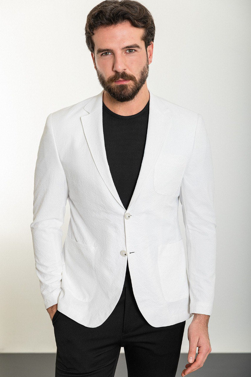 Arctic White Seersucker Slim Fit Blazer