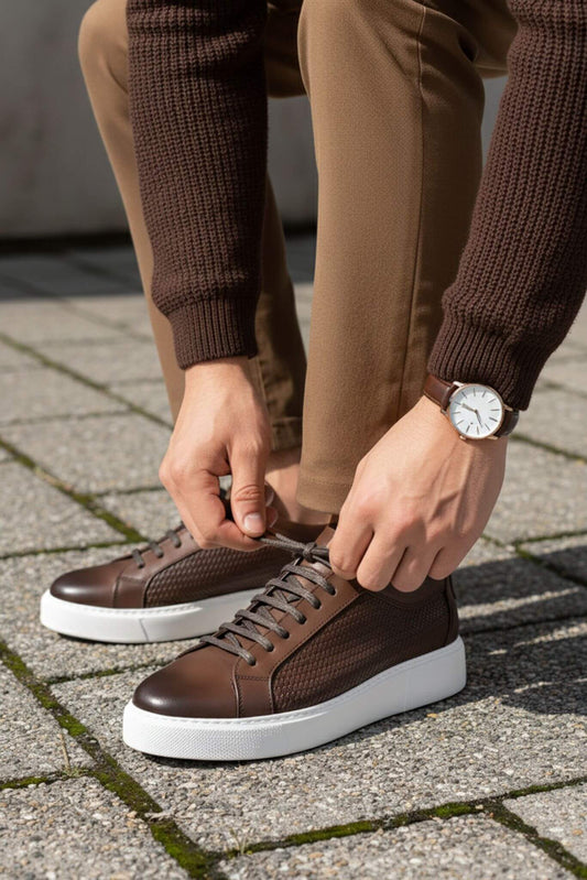 Woven Calfskin Leather Low - Top Sneakers in Brown and White - SUITHARBOR