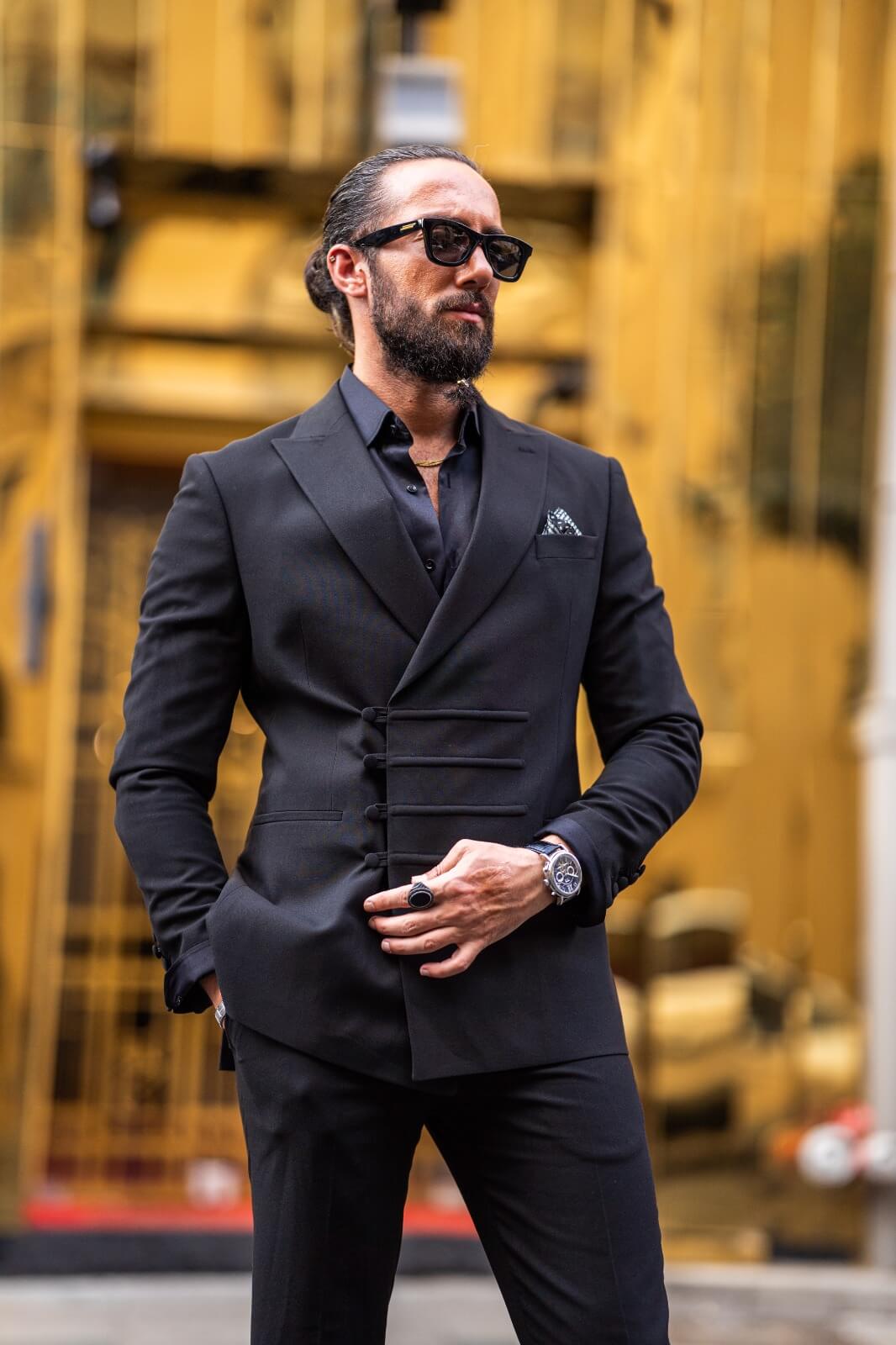 A Black Linen Suit on display.