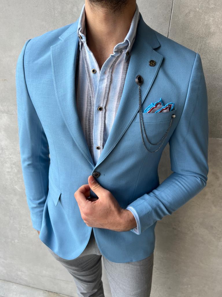 A versatile blue linen jacket suitable for casual or dressy occasion